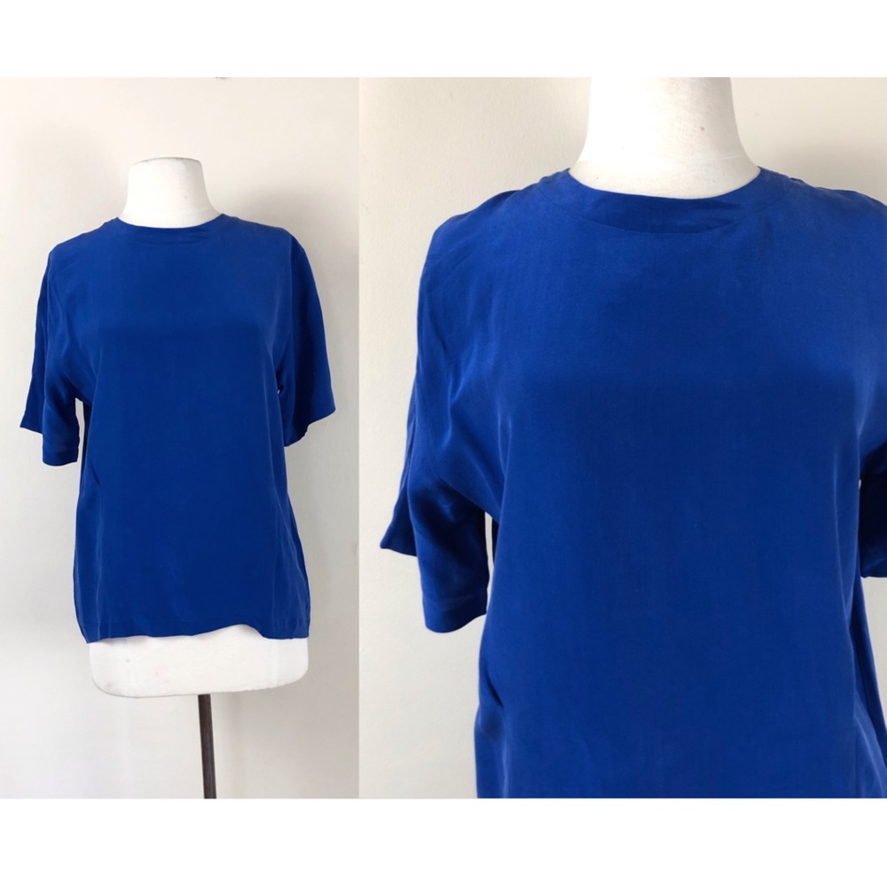 vintage 90s silk cobalt blue boxy blouse tee tshirt 1990s top grunge boho hippie